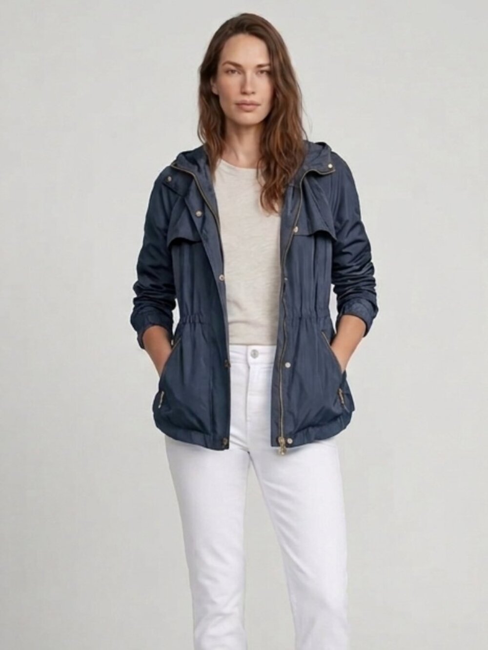 Zara Basic Grey Hooded Utility Anorak Jacket Striped Lined Gold Hardware Size S